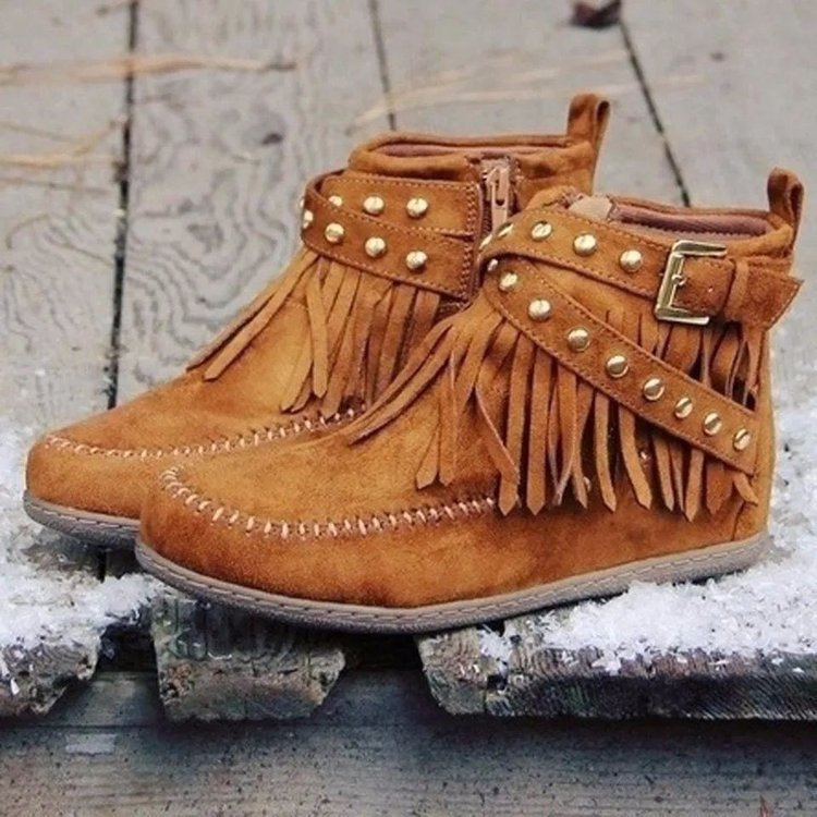 Damen Stiefeletten Mokassin Fransen Nieten Modern Schuhe - BerlinGlamour