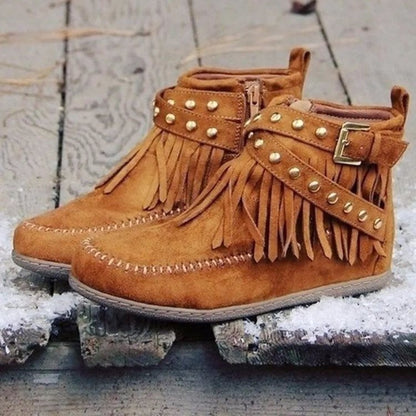 Damen Stiefeletten Mokassin Fransen Nieten Modern Schuhe - BerlinGlamour