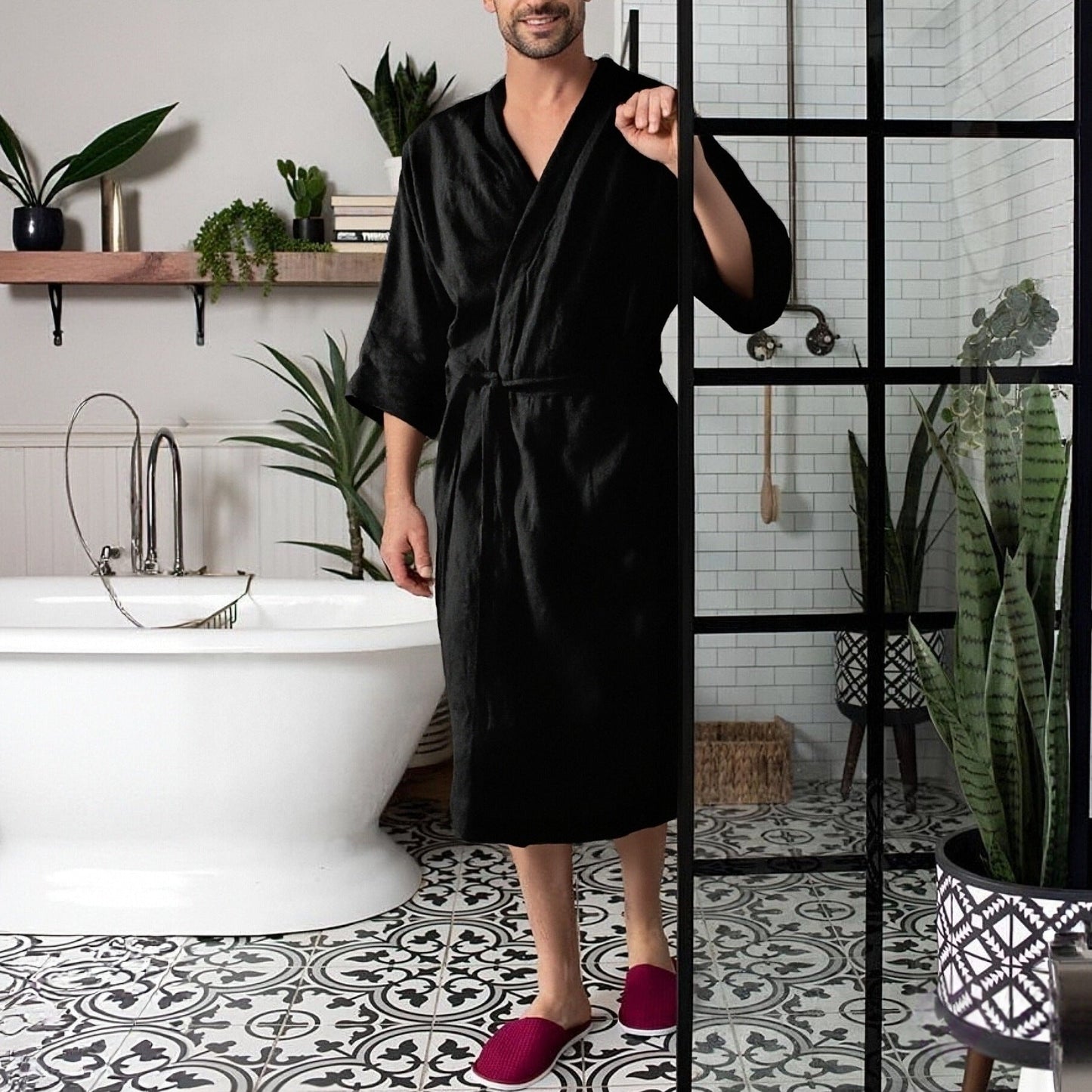 Herren Bademantel Leinen Elegant Hochwertig