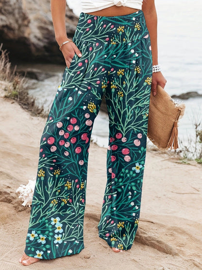 Damen Strandhose Weit Bequem Elastisch Floral