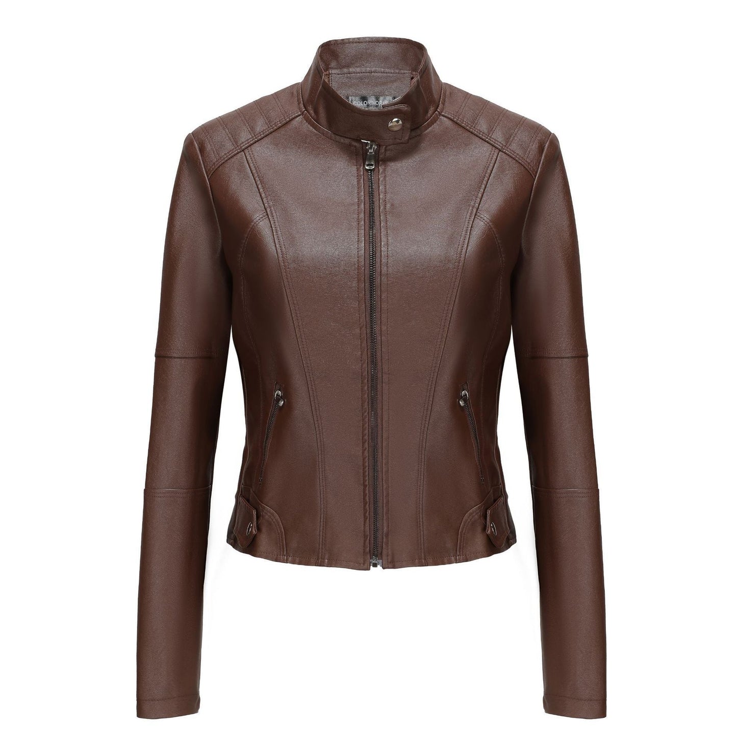 Damen Lederjacke Reißverschluss Taschen Schwarz Lederoptik