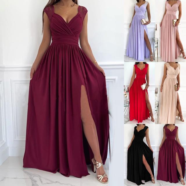 Elegantes Abendkleid Damen V-Ausschnitt Rüschen Schwarz - BerlinGlamour