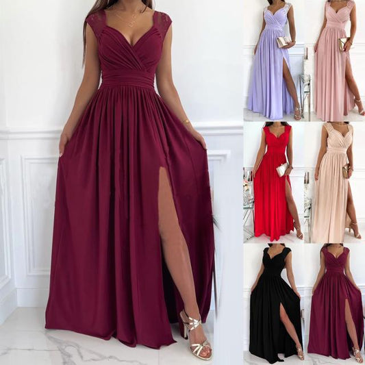 Elegantes Abendkleid Damen V-Ausschnitt Rüschen Schwarz - BerlinGlamour