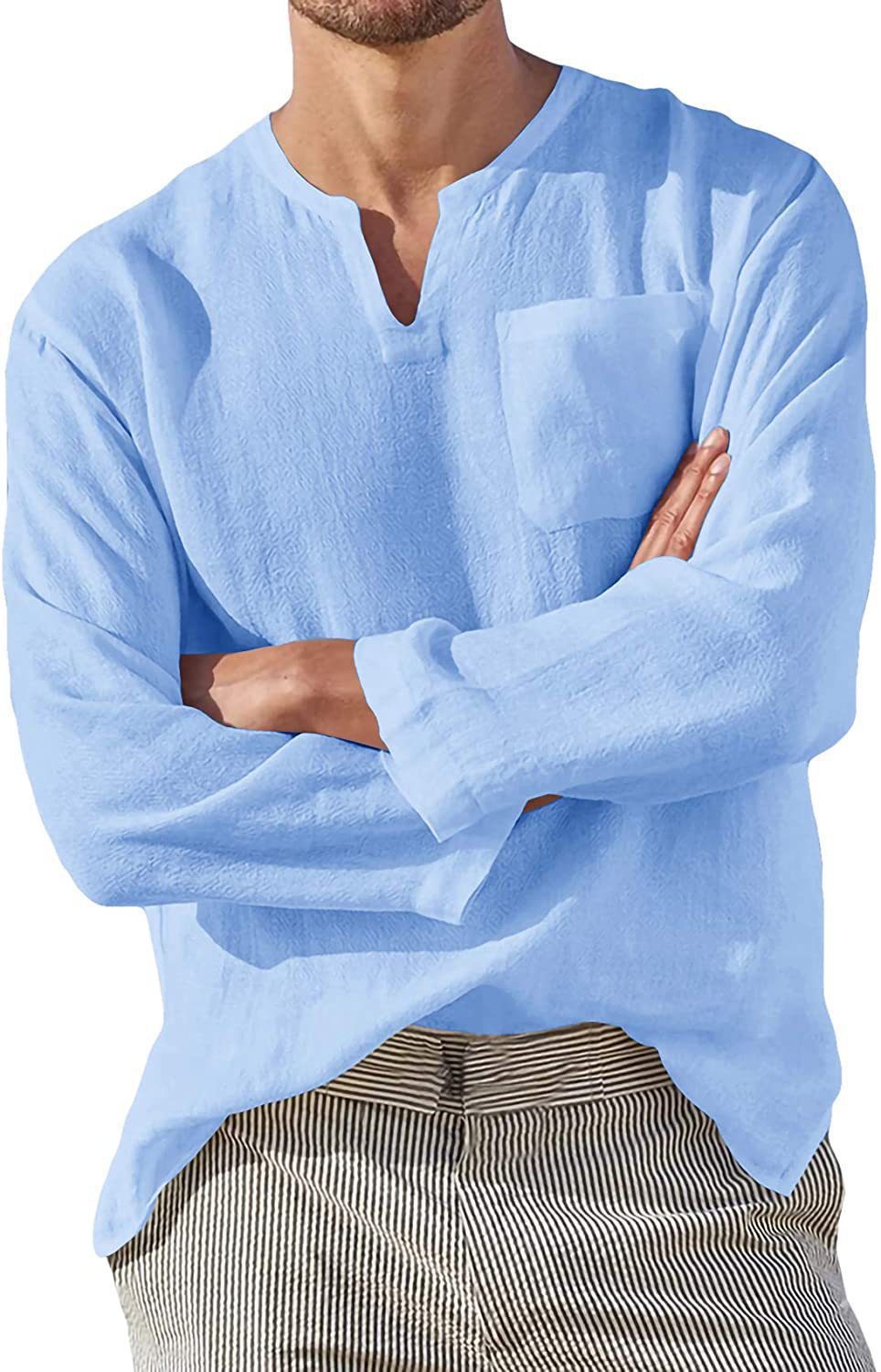 Herren Leinenhemd V-Ausschnitt Leicht Sommer