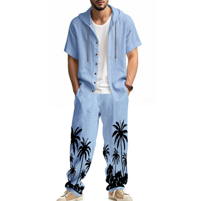 Herren Casual Set Kurzarm Hoodie Cargohose Palmenmuster