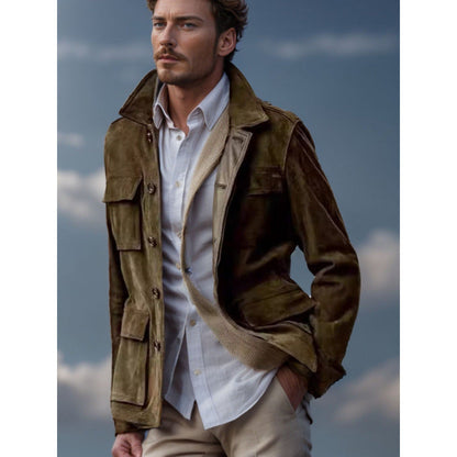 Herren Lederjacke Suede Style Vieltaschig Modern