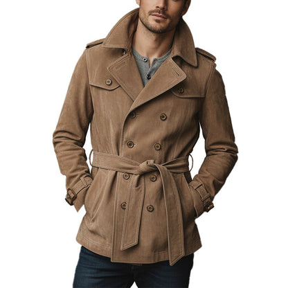 Herren Lederjacke Wildleder Elegant Gürtel Schnitt