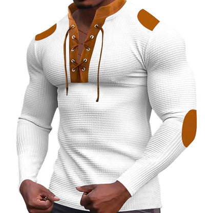 der neue Titel: Herren Langarm-Henley-Shirt mit strukturiertem Gewebe und modischem Schnürdesign