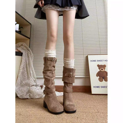 Damen Stiefel Hoch Schnallen Detail Modisch Schwarz