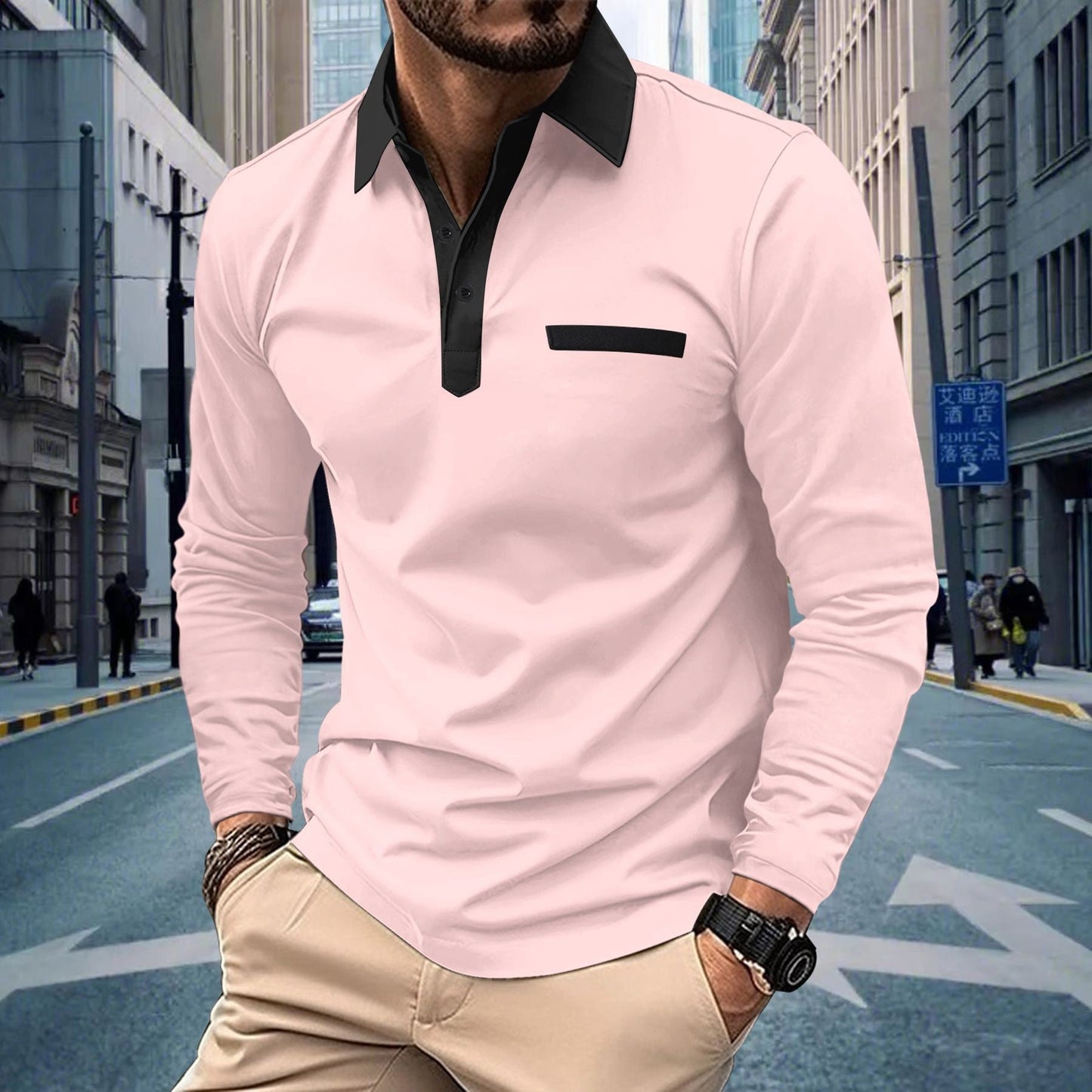 Herren Hemd Langarm Elegantes Kontrast Details Modern