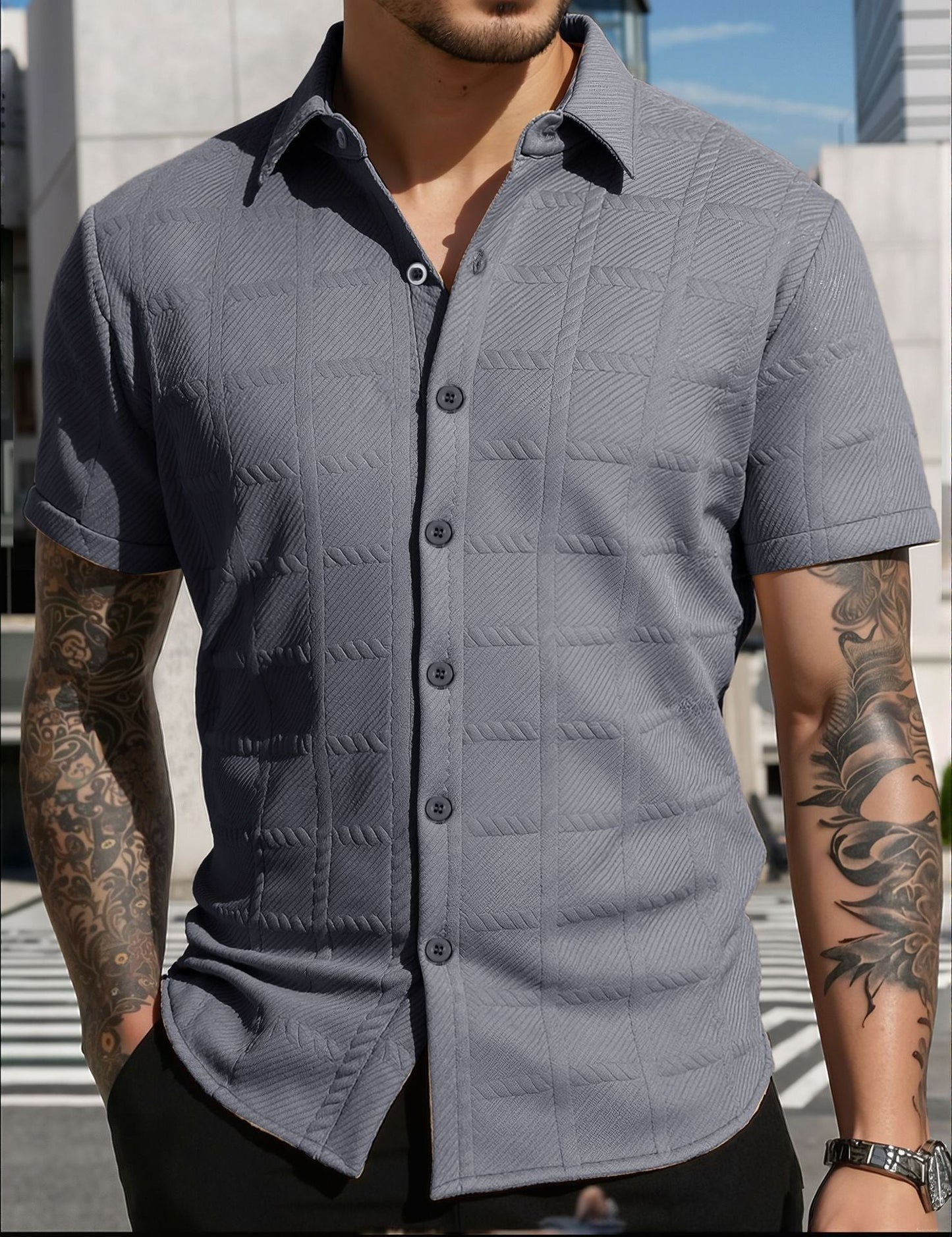 Herren Hemd Kurzarm Modern Strukturiert Elegant