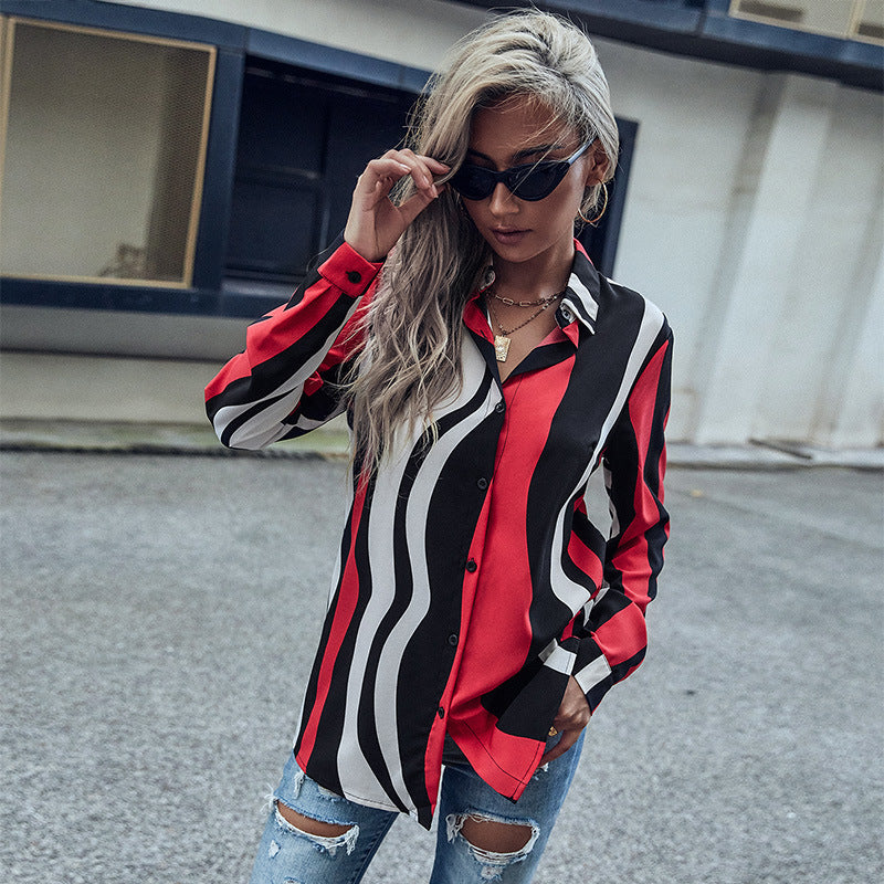 Damen Bluse Wellenmuster Modern Knöpfe Langärmlig
