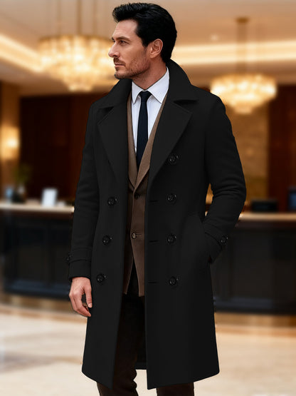 Herren Wollmantel Doppelreihig Elegant Schwarz