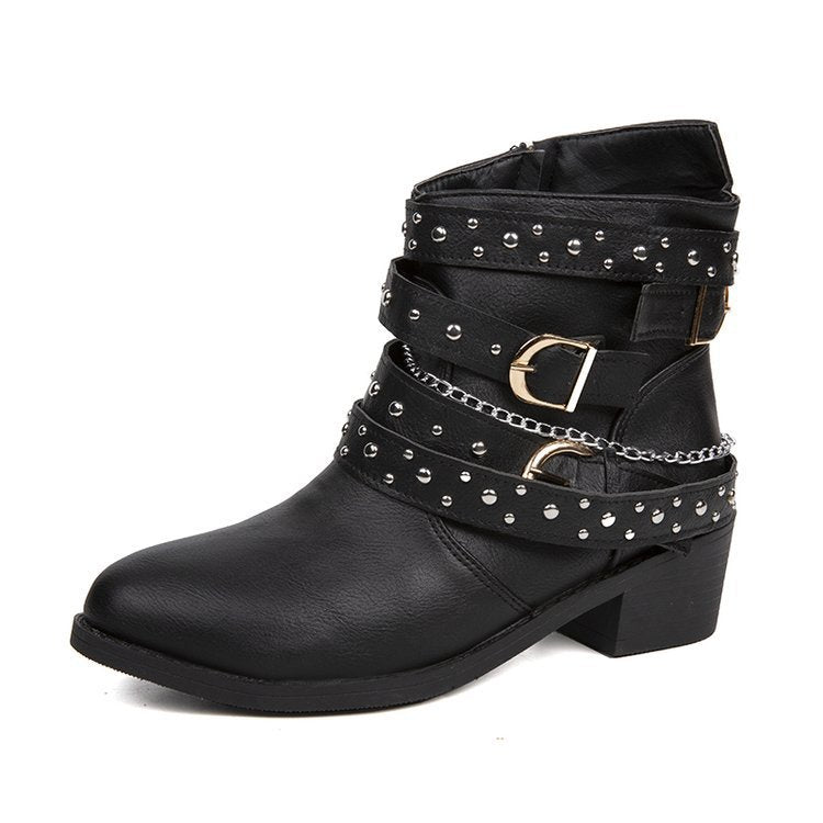 Damen Ankle Boots Stiefel Mode Schnalle Schwarz