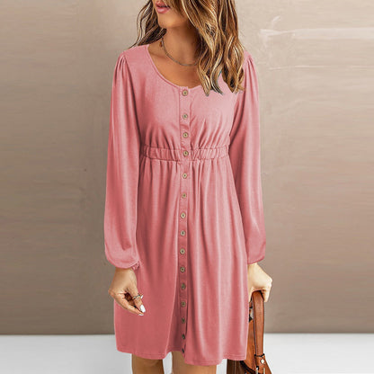 Damen Kleid mit Knopfleiste Elastischer Bund Elegant
