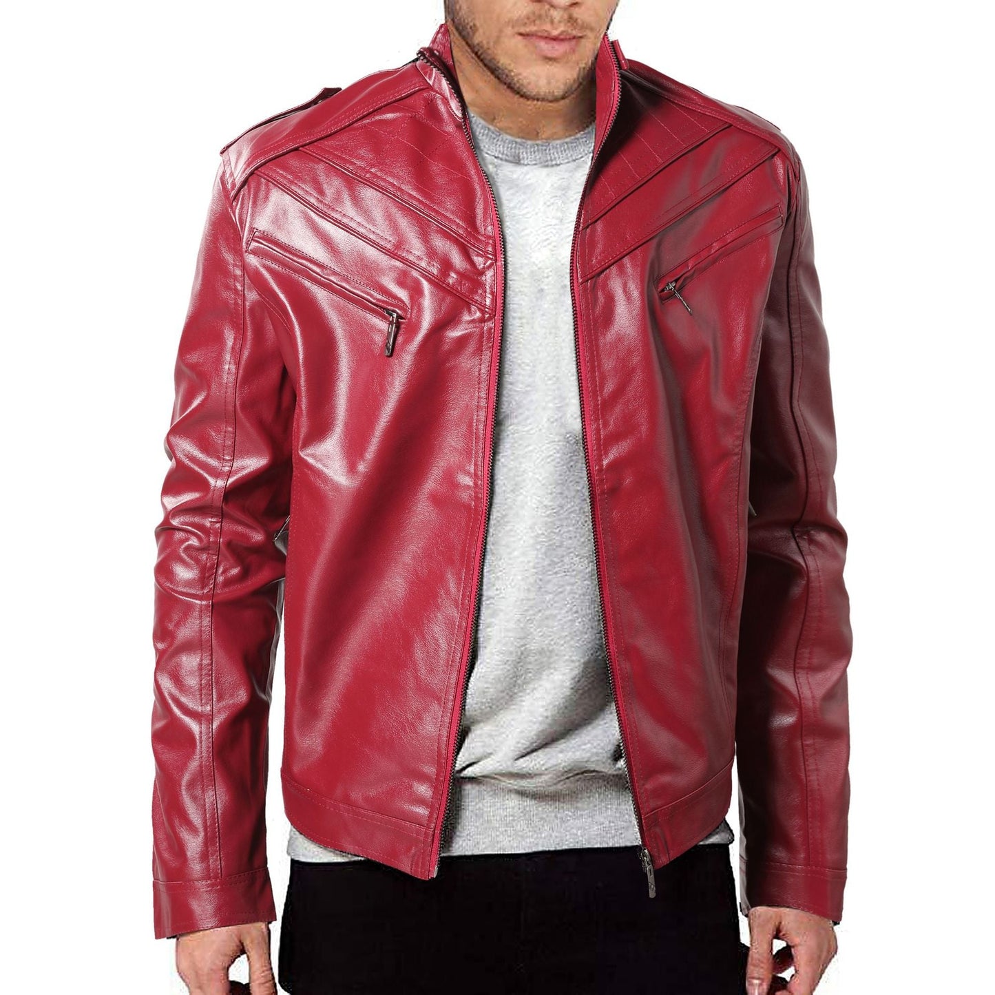 Herren Lederjacke Bikerstil Steppdetail Schwarz