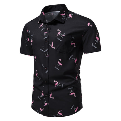 Herren Kurzarmhemd Flamingo Muster Sommer Modern