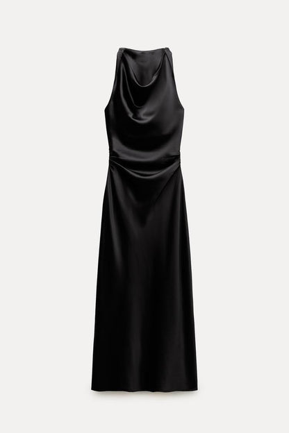Damen Maxikleid Satin Elegant Rückenausschnitt Tief