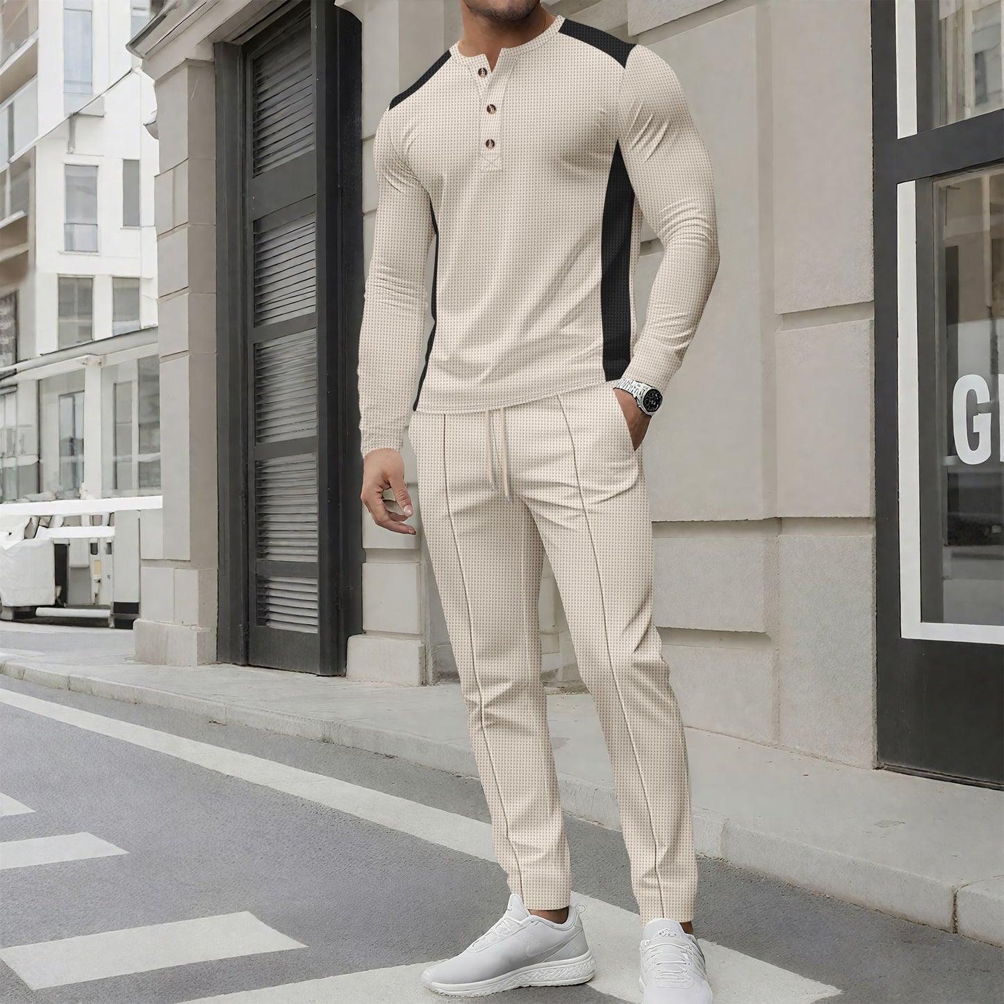 Herren Sportset Langarmshirt Jogginghose Struktur Optik - BerlinGlamour