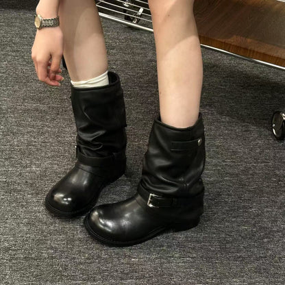 Damen Winterstiefel Modisch Gerafft Schnalle Schwarz