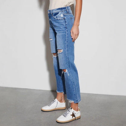 Damen High-Waist Jeans Rissig Ausgefranst Größe 34-42