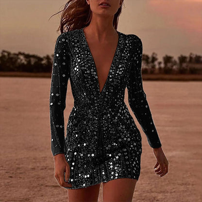 Glamour Abendkleid Langarm Glitzernd Elegant