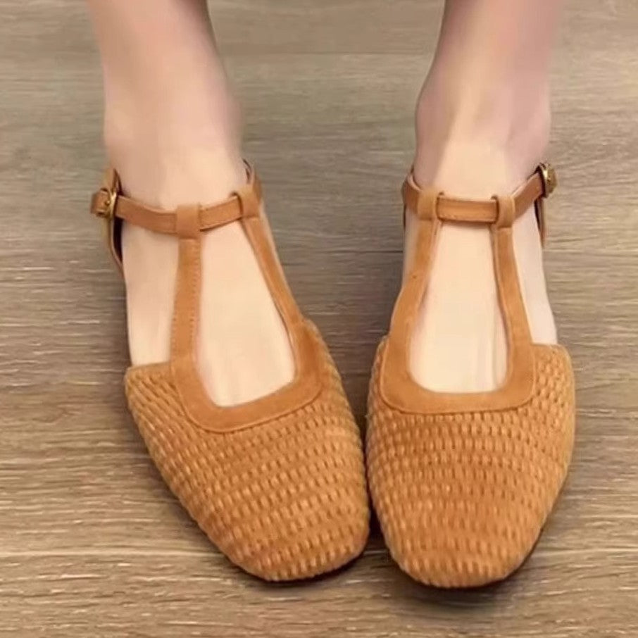 Damen Halbschuhe Geflochtene T-Strap Schuhe Elegantes Design