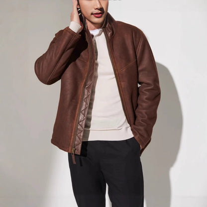 Herren Lederjacke Elegant Steppdesign Schwarz Ledermantel