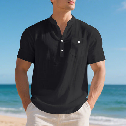 Herren Hemd Kurzarm Henley Kragen mit Brusttasche Modern