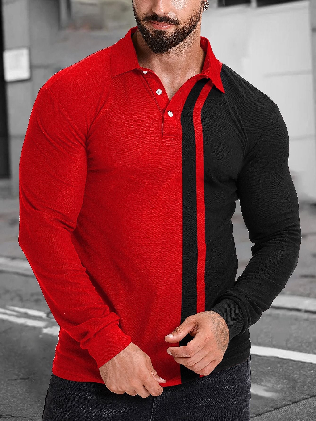 Herren Polohemd Langarm Modern Farbblockdesign