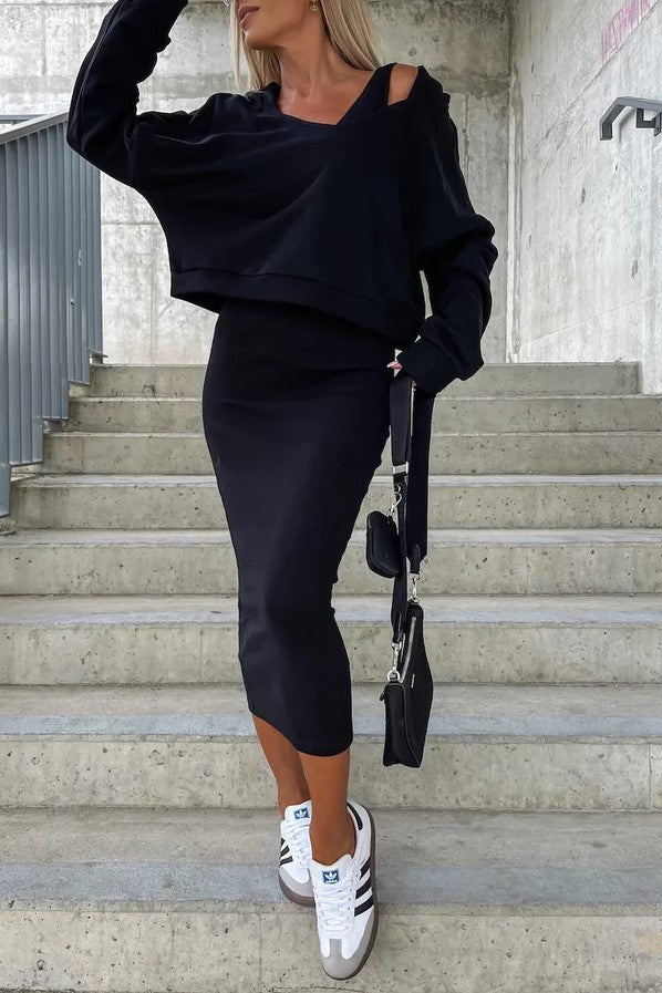 Damen Set Pullover Midi Rock Casual Modern