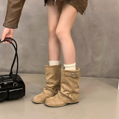 Damen Stiefel Elegant mit Faltenwurf und Druckknöpfen