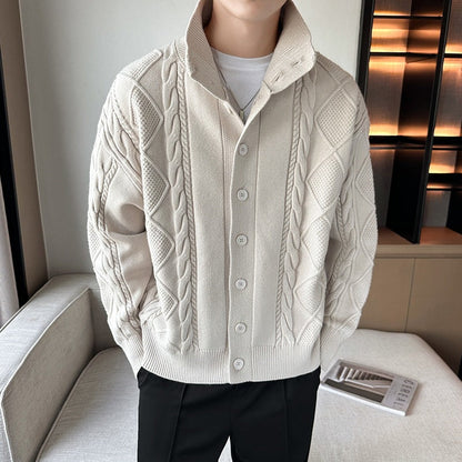 Modische Herren Strickjacke Zopfmuster Kragen Modern