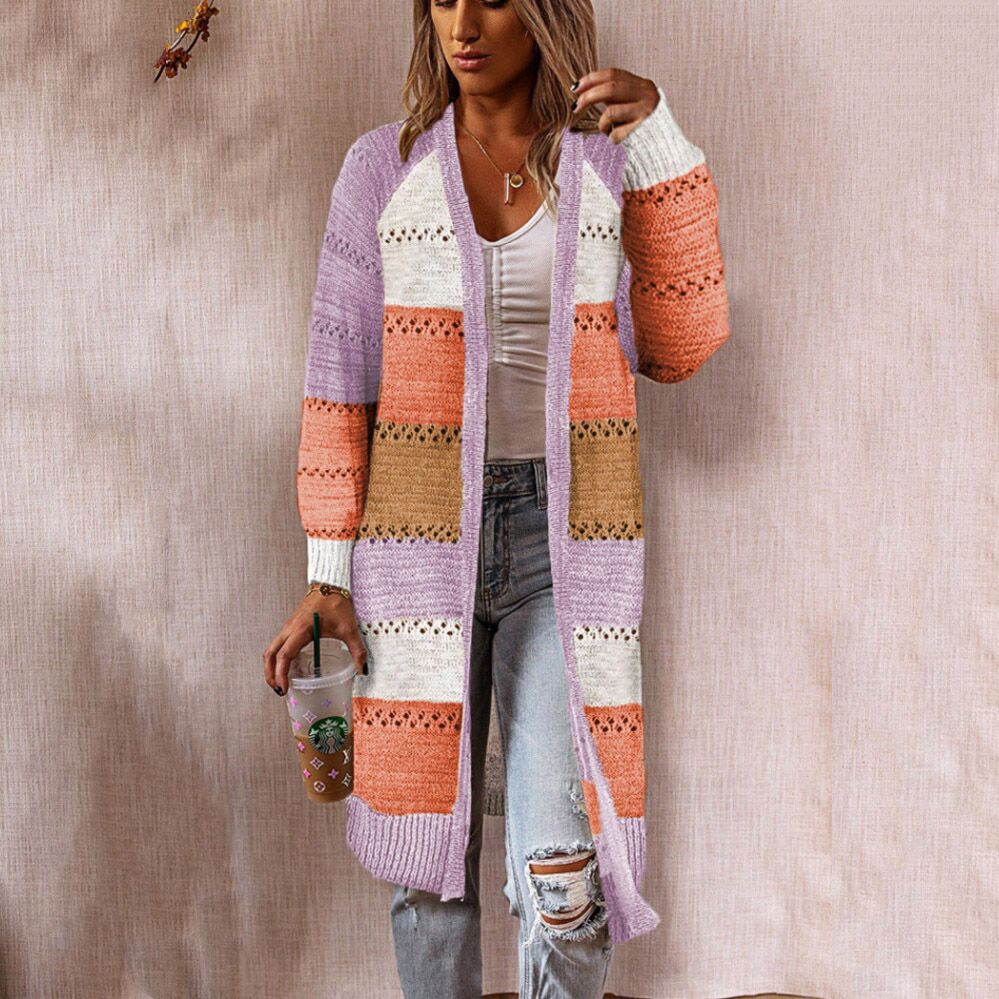 Damen Strickjacke Lang Modisch Streifenmuster Offen