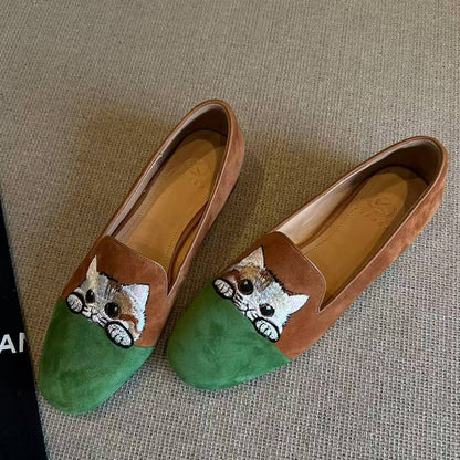 Damen Loafers Weich Wildleder Katzenmuster Schuhe Bequem