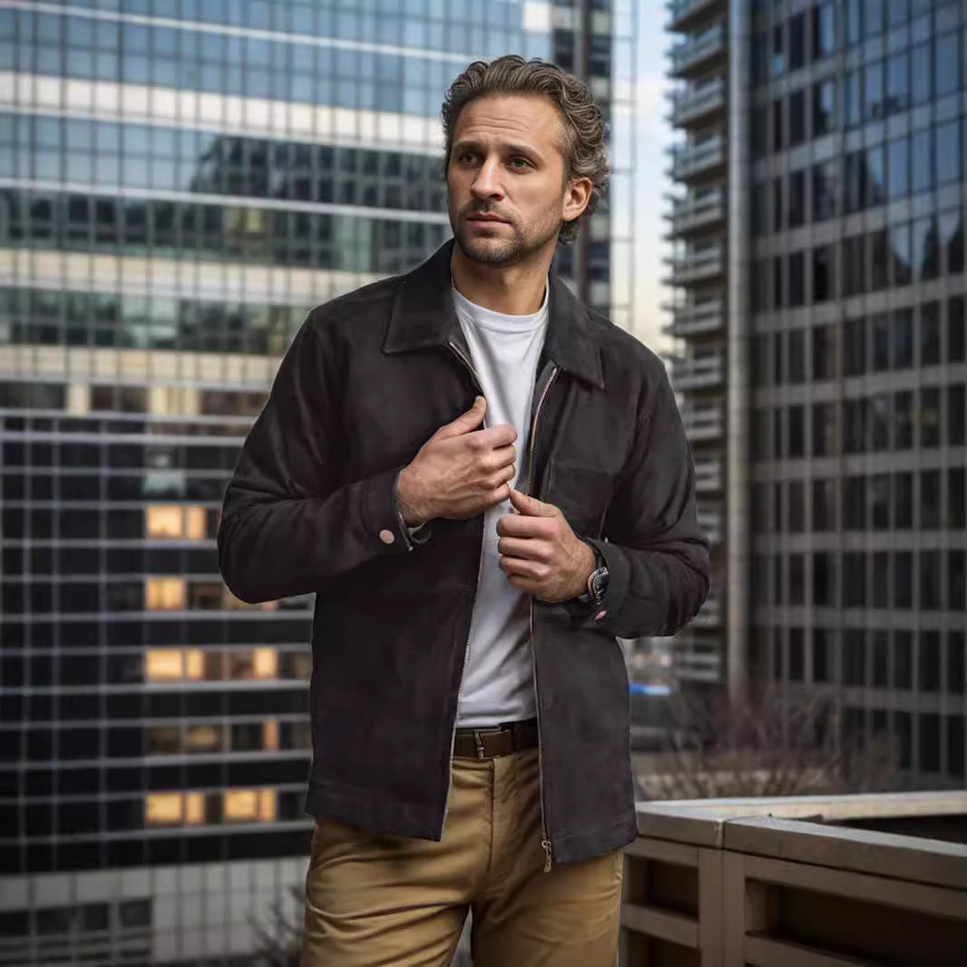 Herren Lederjacke Wildleder Stehkragen mit Taschen Casual
