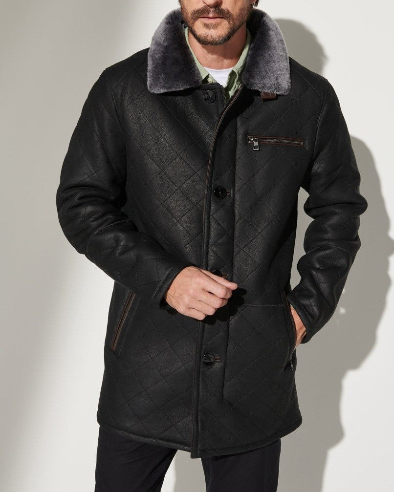 Herren Kunstleder Mantel Teddyfell Kragen Schlicht Elegent