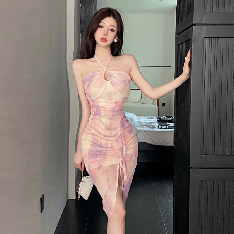 BerlinGlamour Ölmalerei Mesh-Kleid mit Halfterausschnitt
