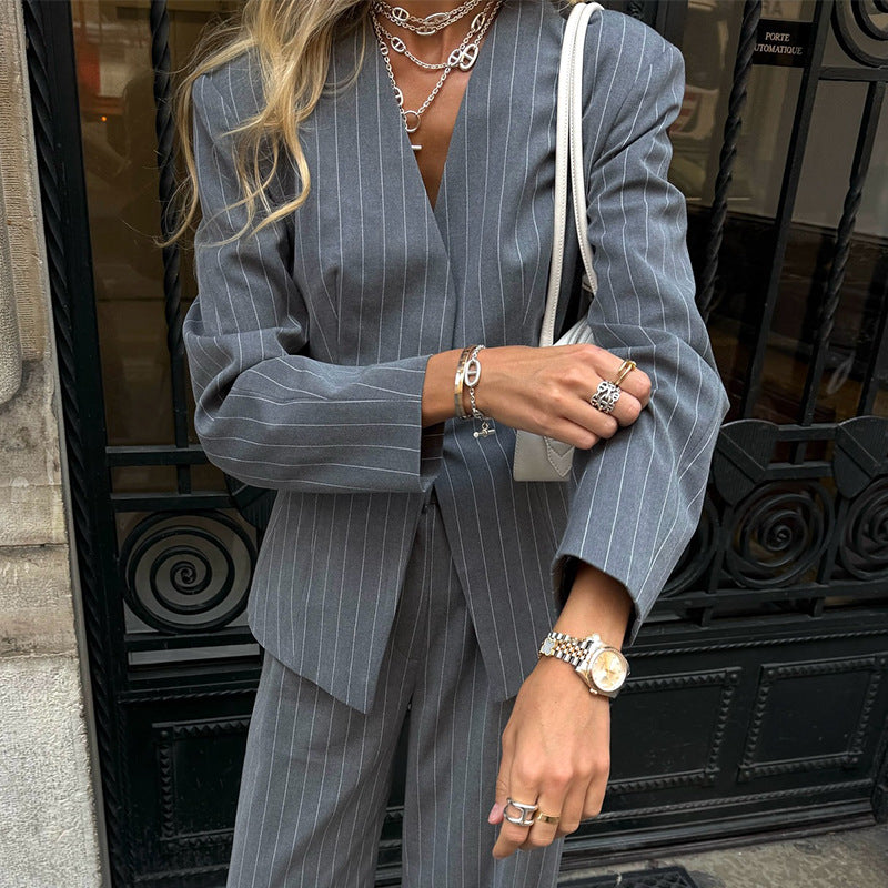 Damen Zweiteiler Anzug Streifen Elegant Schwarz