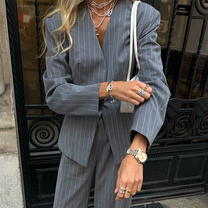 Damen Zweiteiler Anzug Streifen Elegant Schwarz