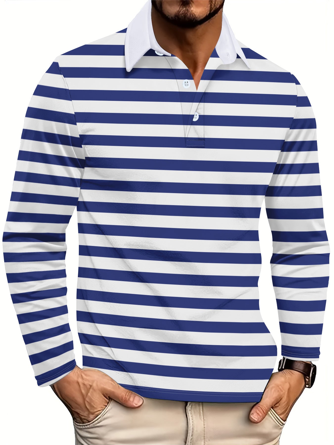 Herren Poloshirt Langarm Streifenmuster Marineblau
