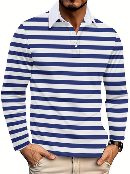 Herren Poloshirt Langarm Streifenmuster Marineblau