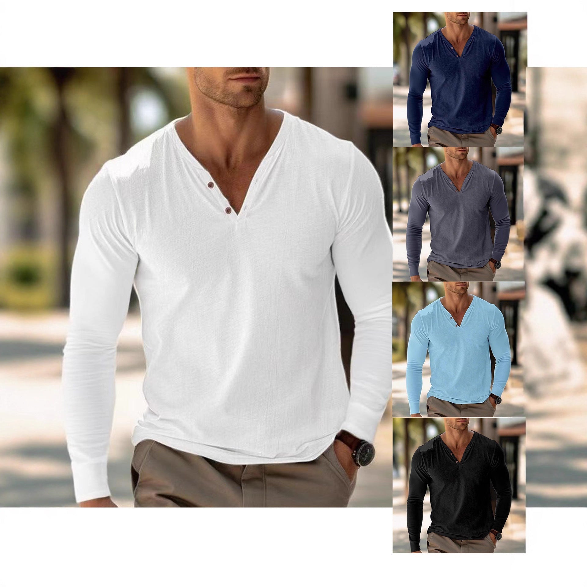 Herren Hemd Langarm V-Ausschnitt Modern Knopfleiste - BerlinGlamour