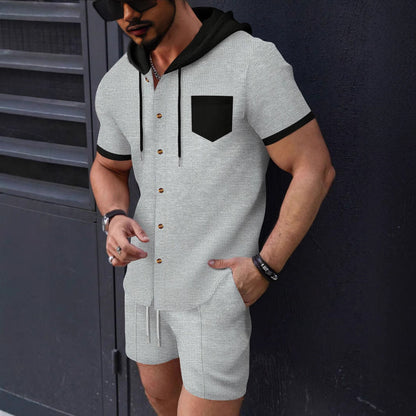 Herren Sportset Kurzarm Kapuze Taschen Funktionales