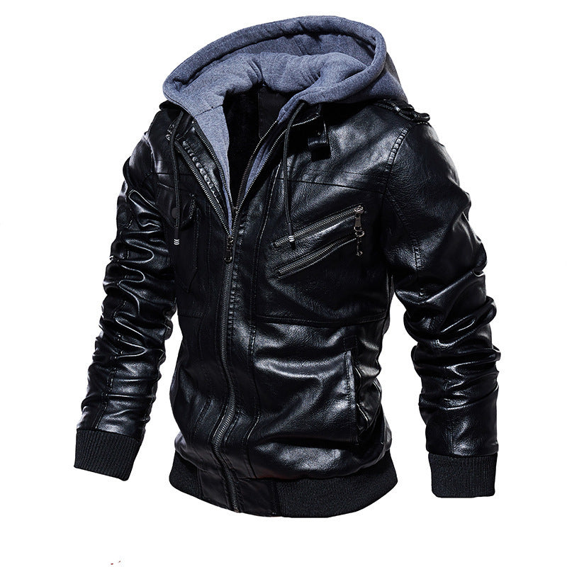 Herren Lederjacke Lässig Mit Kapuze Viel Taschen