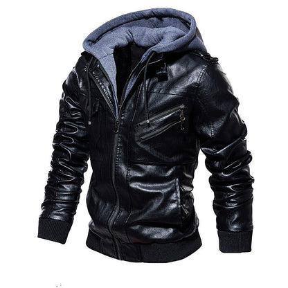 Herren Lederjacke Lässig Mit Kapuze Viel Taschen