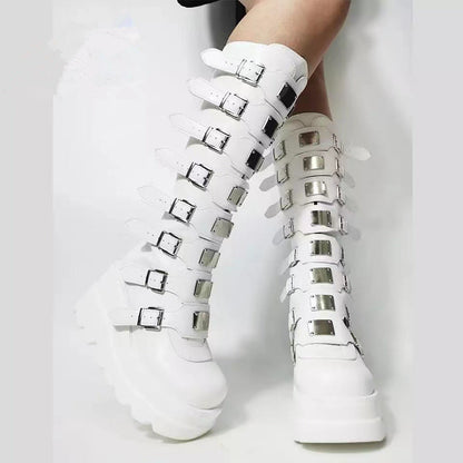 Damen Plattformstiefel Schnallen-Design Stabil Modisch