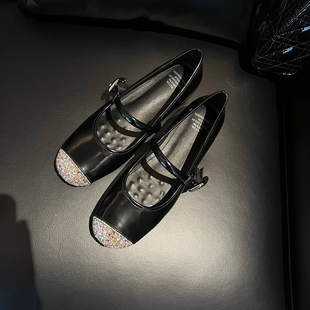 Damen Ballerinas Elegante Glitzer Schuhe Komfort Blockabsatz