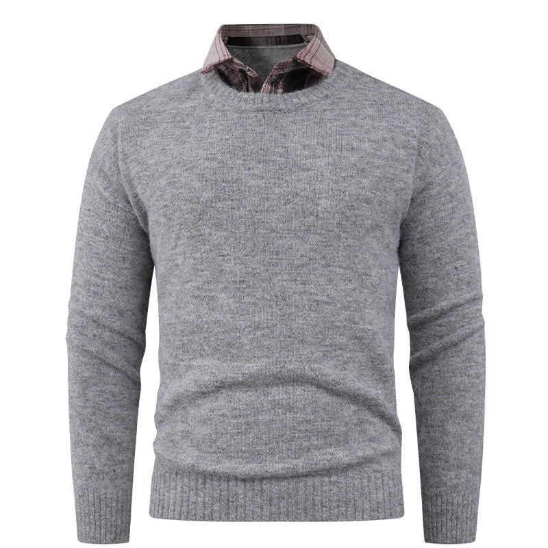 Herren Pullover Rundhals Fein mit Hemdkragen Modern