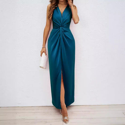 Damen Maxikleid Elegent V-Ausschnitt Schwingend Saum Lang - BerlinGlamour